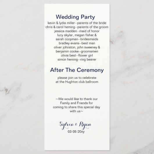 Ankermonogrammen, nautische huwelijksprogramma's programmakaart (Achterkant)