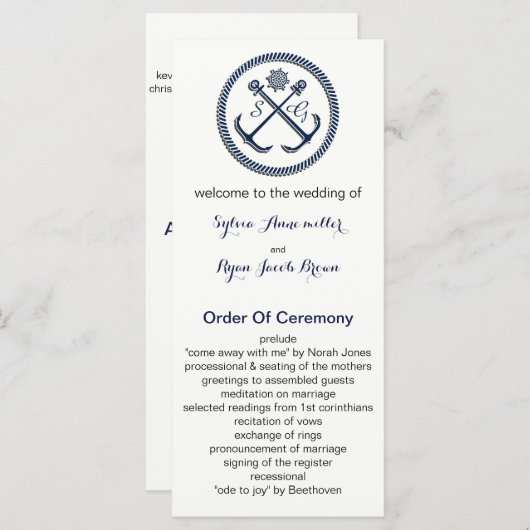 Ankermonogrammen, nautische huwelijksprogramma's programmakaart (Voorkant / Achterkant)