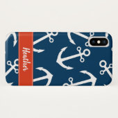 Ankerpatroon in marineblauw met nautisch monogram Case-Mate iPhone case (Achterkant (horizontaal))