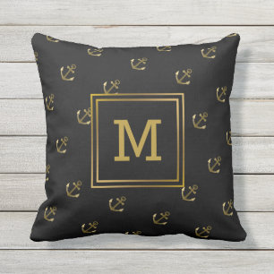 Ankerpatroon Zwart en Goud Monogram Buitenkussen