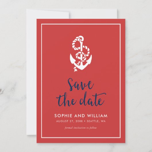 Ankerrood en blauw Manuscript sparen de Datum Save The Date (Voorkant)
