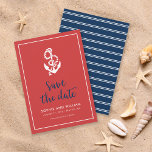 Ankerrood en blauw Manuscript sparen de Datum Save The Date<br><div class="desc">Stijlvol Normaal sparen de Datum die een anker en de woorden "sparen de datum"in een stijlvol blauw manuscript tegen een rode achtergrond met een witte grens kenmerkt. Kaart heeft een wit strepen patroon tegen een blauwe achterkant van de achtergrond. Bekijk andere trouwitems hier https://www.zazzle.com/rosewoodandcitrus/gifts?cg=196540141241316965&rf=238364477188679314 en pas deze aan door de...</div>