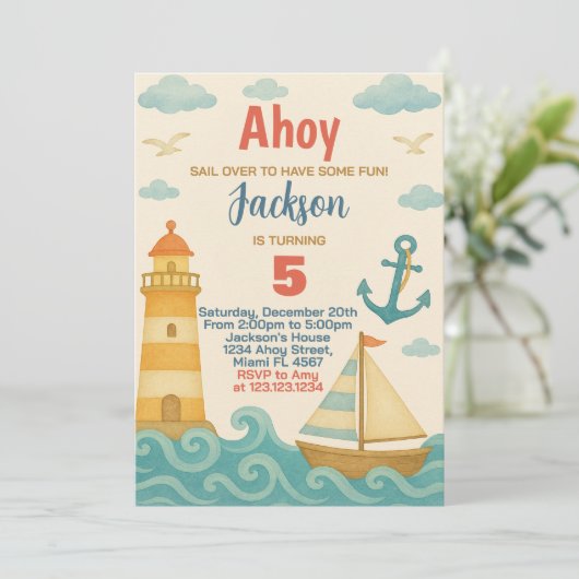 Ankers Aweigh! nautische verjaardag uitnodiging (Staand voorkant)