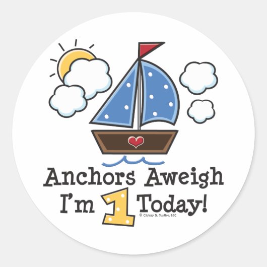 Ankers Aweigh Zeilboot 1e Verjaardag Stickers (Voorkant)