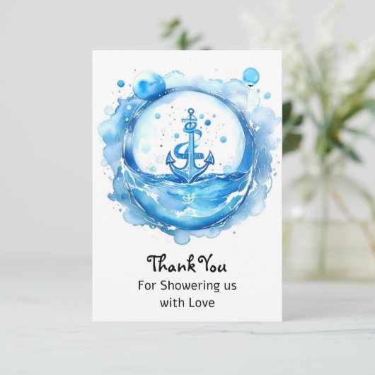 Ankers & Golven: Waterverf Nautisch Baby shower Bedankkaart (Staand voorkant)
