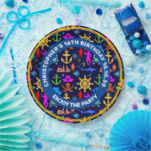 Ankers, Helms, Piraten. Kleurrijk Nautisch Patroon Papieren Bordje (Feest)