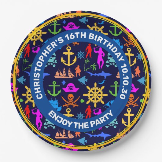 Ankers, Helms, Piraten. Kleurrijk Nautisch Patroon Papieren Bordje (Voorkant)