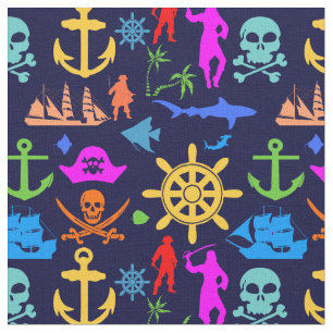 Ankers, Helms, Piraten. Kleurrijk Nautisch Patroon Stof