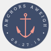 Ankers wegen | Koraal & Navy Nautisch Baby shower Ronde Sticker (Voorkant)