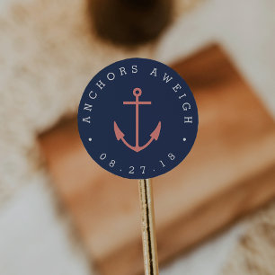 Ankers wegen Koraal & Navy Nautisch Baby shower Ronde Sticker