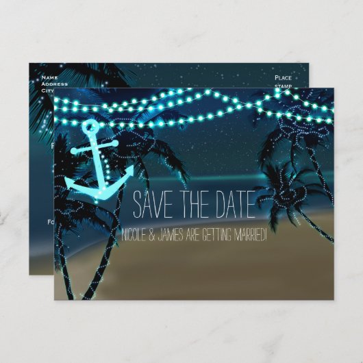 Ankerstrand + palmbomen sparen de datum Briefkaart (Voorkant / Achterkant)