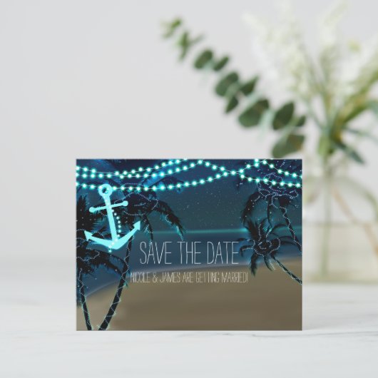 Ankerstrand + palmbomen sparen de datum Briefkaart (Staand voorkant)