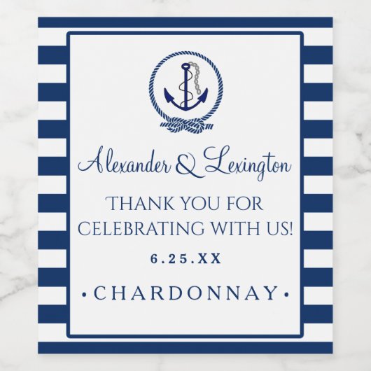 Ankerstrepen Nautische Bruiloft Pas Kleur aan Wijn Etiket (Enkel label)