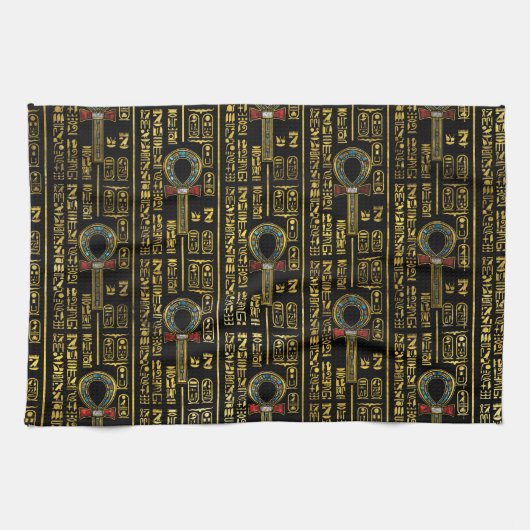 Ankh en Egyptisch hiërogliefatpatroon Theedoek (Horizontaal)