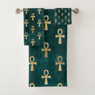 Ankh Pattern Gold op Green Bad Handdoek