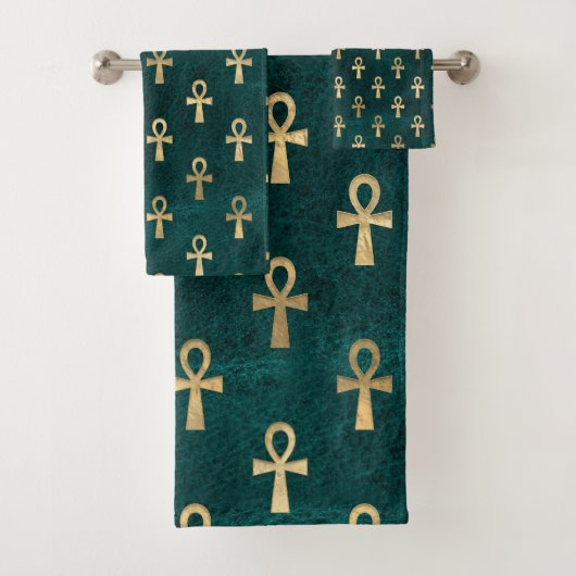 Ankh Pattern Gold op Green Bad Handdoek (Insitu)