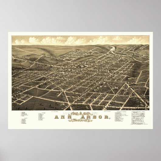 Ann Arbor, MI Panorama Map - 1880 Poster (Voorkant)