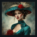 Anna Een echte Art Deco dame Poster<br><div class="desc">Anna is een echte,  mooie Art Deco vrouw. Ze is gekleed in een mooie  jurk met een bijpassend pet met veren en een bloemetje. Een mooi portret met een voorbeeld van een vrouw in een vervlogen tijdperk. Prachtige kleurencombinatie van turkoois en crème met een vleugje rood.</div>