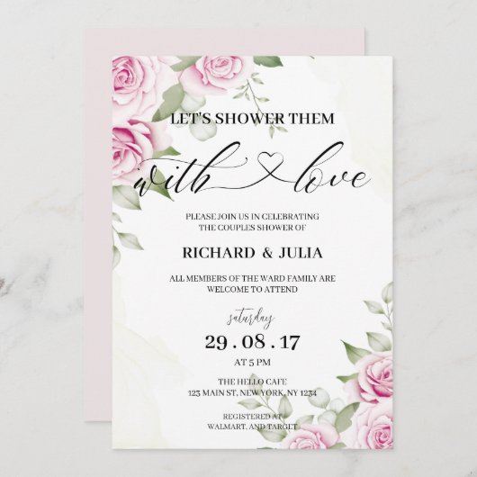 ANNA Let's Shower Invitation / Waterverf, Roze Kaart (Voorkant / Achterkant)