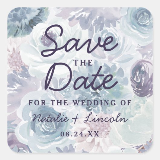 Annabelle  Blauw Bloemen Chic Save the Date Vierkante Sticker (Voorkant)