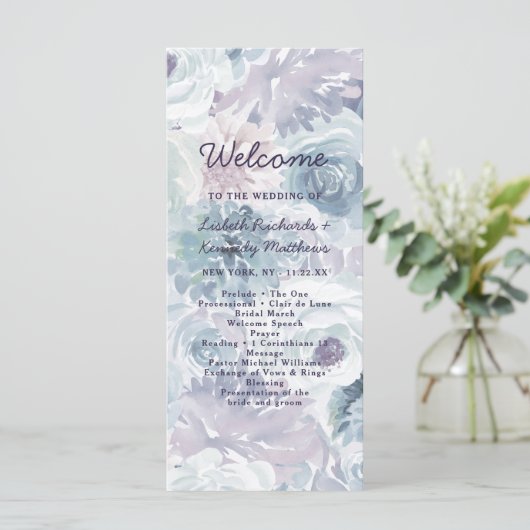 Annabelle  Blauw Bloemen Huwelijksceremonie Programmakaart (Staand voorkant)