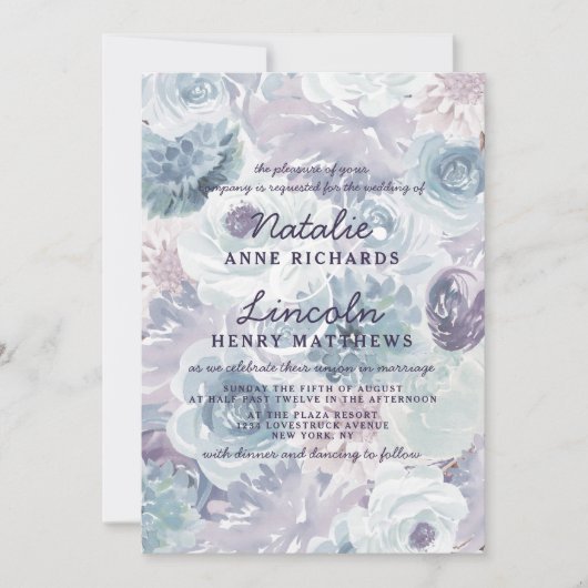 Annabelle Blauw Bloemen Waterverf Bruiloft Kaart (Voorkant)