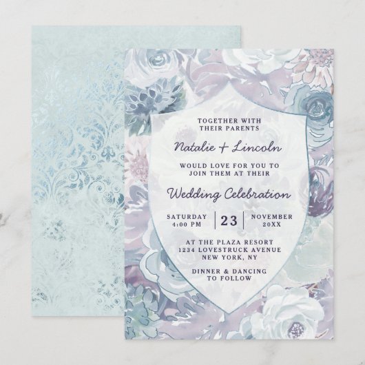 Annabelle  blauw bloemenkam ingelijst bruiloft kaart (Voorkant / Achterkant)