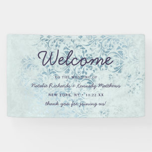 Annabelle Vintage Blauwe Damast Trouw Welkom Spandoek