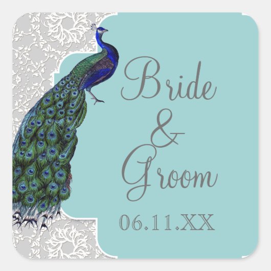 AnnaLiese Peacock Damask - Blauw grijs bijpassende Vierkante Sticker (Voorkant)