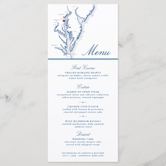 Annapolis Chesapeake Bay Map Elegant Navy Script Menu (Voorkant)