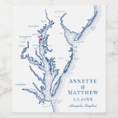 Annapolis Chesapeake Bay Map Elegant Navy Wedding Wijn Etiket (Enkel label)