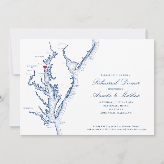 Annapolis Chesapeake Bay Map Navy Rehearsal Dinner Kaart (Voorkant)