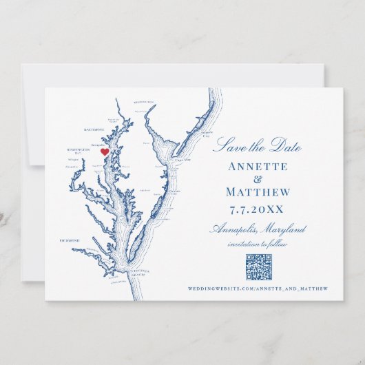 Annapolis Maryland Bruiloft Elegante Navy QR code Save The Date (Voorkant)