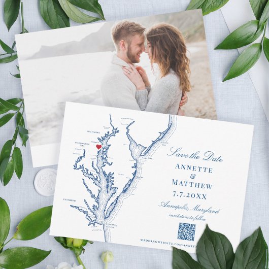 Annapolis Maryland Bruiloft Elegante Navy QR code Save The Date