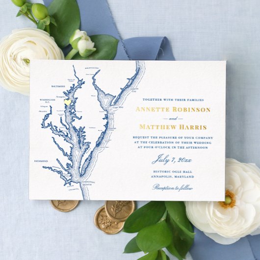 Annapolis Maryland Wedding Navy and Gold Folie Uitnodiging