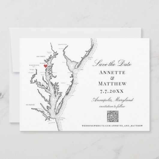 Annapolis MD Huwelijk Elegant Zwart Wit QR code Save The Date (Voorkant)