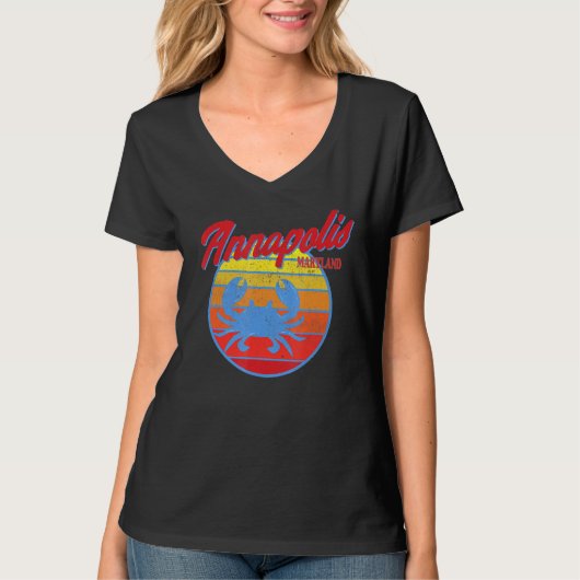 Annapolis MD retro blauwe krab oceaan zonsondergan T-shirt (Voorkant)