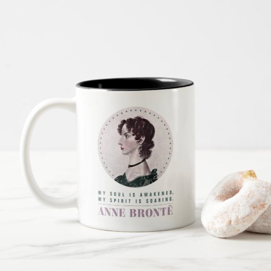 Anne Bronte Portrait en Quote My Soul wordt wakker Tweekleurige Koffiemok (Met donut)