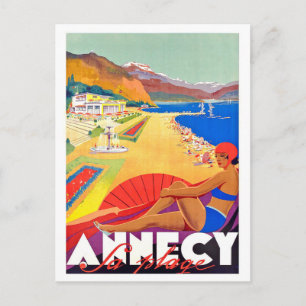 Annecy kustlijn, meisje op een strand,  briefkaart