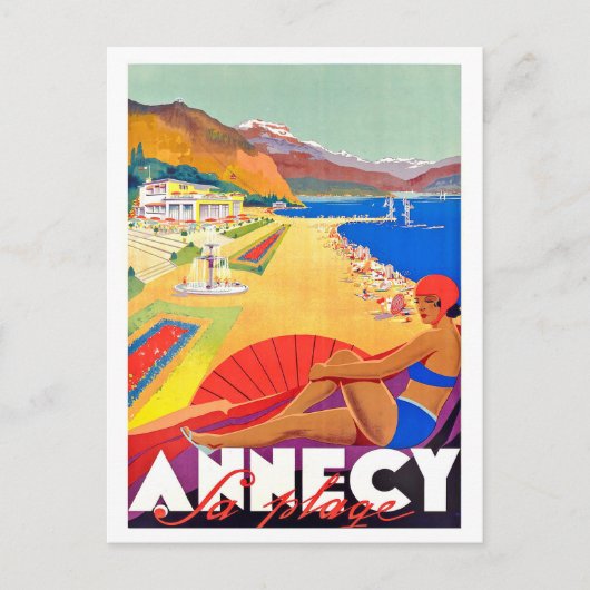 Annecy kustlijn, meisje op een strand,  briefkaart (Voorkant)
