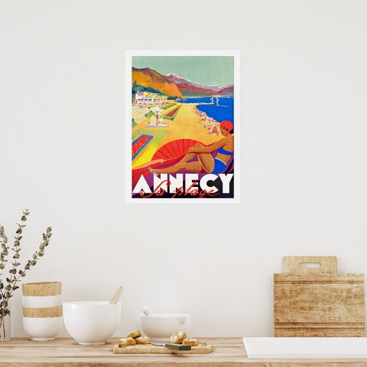 Annecy kustlijn, meisje op een strand, oude poster (Keuken)