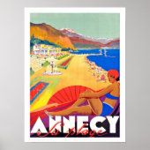Annecy kustlijn, meisje op een strand, oude poster (Voorkant)