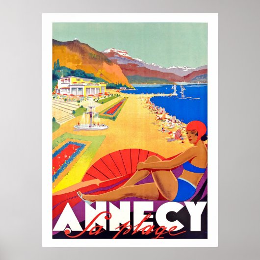 Annecy kustlijn, meisje op een strand, oude poster (Voorkant)