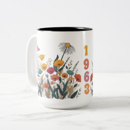 Año de nacimiento de las mujeres de flores silvest tweekleurige koffiemok