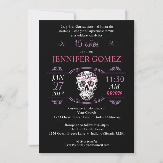 Años Quinceañera Birthday Sugar Skull Invite Kaart (Voorkant)