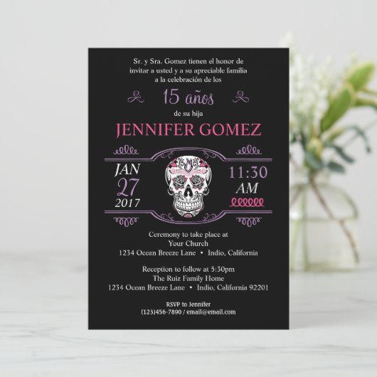 Años Quinceañera Birthday Sugar Skull Invite Kaart (Staand voorkant)