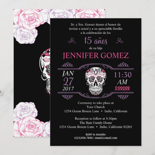 Años Quinceañera Birthday Sugar Skull Invite Kaart (Voorkant / Achterkant)