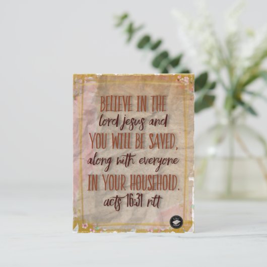 Ansichtkaart - Bijbelvers Handelingen 16:31 NBG51 Briefkaart (Staand voorkant)