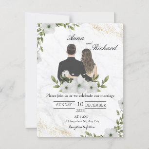 Ansichtkaart - geïllustreerd paar en witte bloemen briefkaart