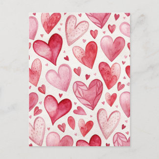 Ansichtkaart met aquarel roze harten liefde briefkaart